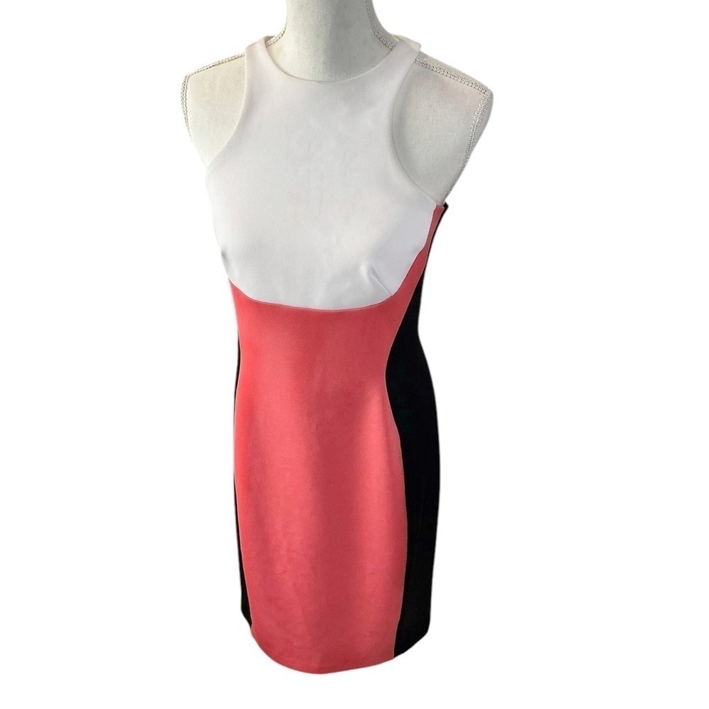 Maggie London Colorblock Sleeveless Dress Bodycon Fitted Stretch Black Coral 10